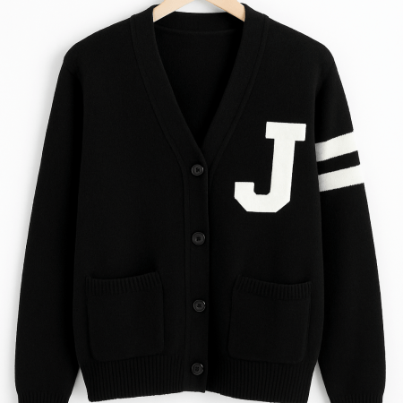 Black Varsity-Style Cardigan (Size Medium)