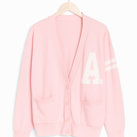 Pink Varsity-Style Cardigan (Size Medium)