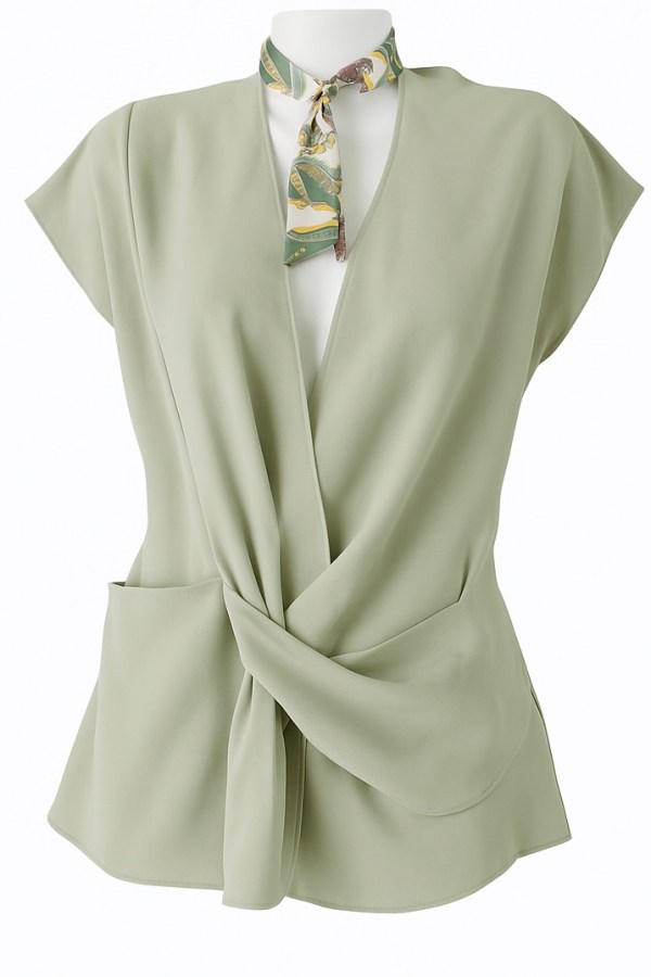 Draped Knot-Front Blouse – Sage Gray (Size Large)
