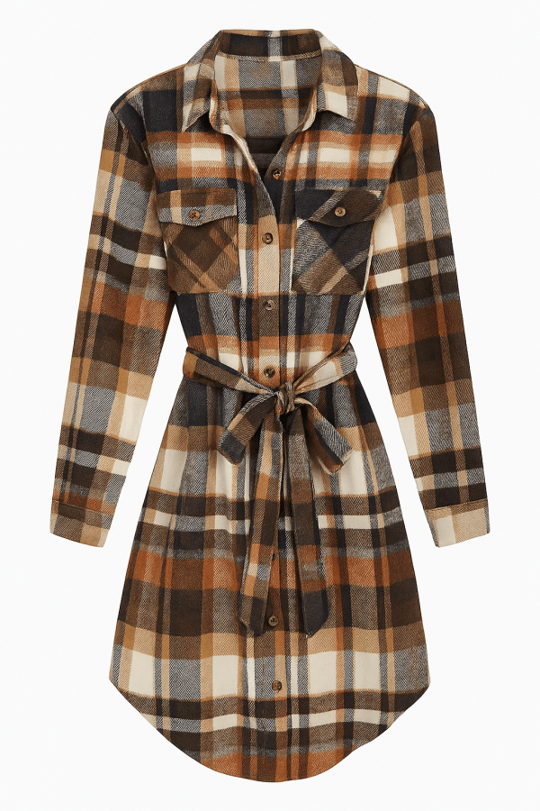 Autumn Plaid Belted Flannel Shirt Dress – Size XL