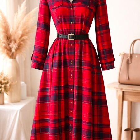 Classic Red Plaid Belted Shirt Dress – Size Large